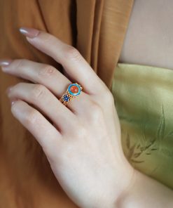 Handmade Pure Silver Open Ring with Gold Water å—红 Agate, Retro Palace Style, Auspicious Design for Women