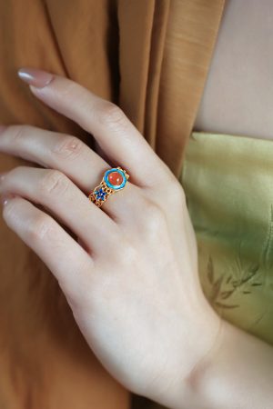 Handmade Pure Silver Open Ring with Gold Water å—çº¢ Agate, Retro Palace Style, Auspicious Design for Women