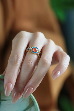 Handmade Pure Silver Open Ring with Gold Water å—çº¢ Agate, Retro Palace Style, Auspicious Design for Women