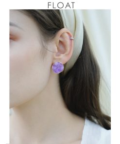 Handmade Purple Patterned Clip-On Earrings - Retro Round Wave Design, 925 Silver Studs, Vintage Style Accessories
