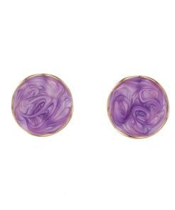 Handmade Purple Patterned Clip-On Earrings - Retro Round Wave Design, 925 Silver Studs, Vintage Style Accessories