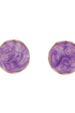 Handmade Purple Patterned Clip-On Earrings - Retro Round Wave Design, 925 Silver Studs, Vintage Style Accessories