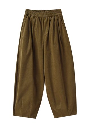 Handmade Retro Corduroy Balloon Pants with Loose Fit, Elastic Waistband, and Wide-Leg Design for Casual Chic Style