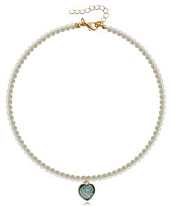 Handmade Retro Imitation Pearl Baroque Beaded Heart Necklace with Green Water Flow Pattern - Versatile Statement Jewelry