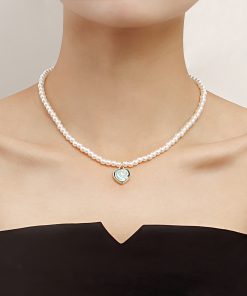 Handmade Retro Imitation Pearl Baroque Beaded Heart Necklace with Green Water Flow Pattern - Versatile Statement Jewelry