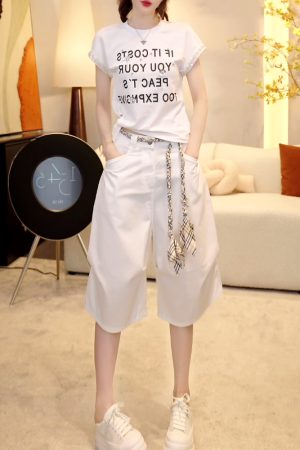 Handmade Sequin Floral Letter Short Sleeve T-Shirt with Waist-Cinching Fit & Casual Straight-Leg Wide-Leg Shorts - Summer Style