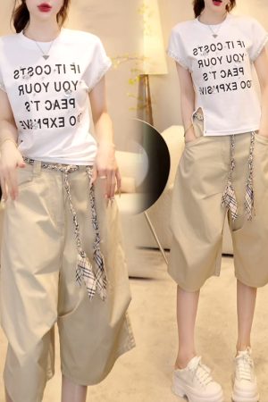 Handmade Sequin Floral Letter Short Sleeve T-Shirt with Waist-Cinching Fit & Casual Straight-Leg Wide-Leg Shorts - Summer Style