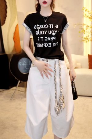 Handmade Sequin Floral Letter Short Sleeve T-Shirt with Waist-Cinching Fit & Casual Straight-Leg Wide-Leg Shorts - Summer Style