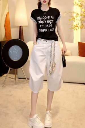 Handmade Sequin Floral Letter Short Sleeve T-Shirt with Waist-Cinching Fit & Casual Straight-Leg Wide-Leg Shorts - Summer Style