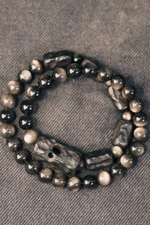 Handmade Silver Obsidian Design Bracelet for Men and Women, Vintage Sandalwood Couple Accessories, Versatile Fashion Jewelry