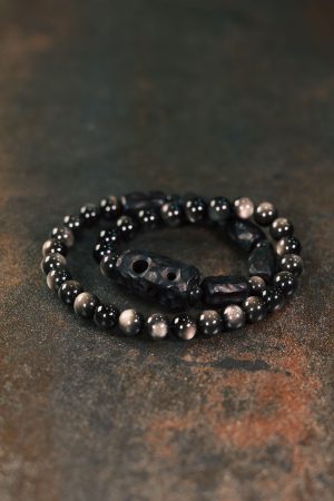 Handmade Silver Obsidian Design Bracelet for Men and Women, Vintage Sandalwood Couple Accessories, Versatile Fashion Jewelry