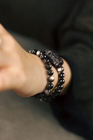 Handmade Silver Obsidian Design Bracelet for Men and Women, Vintage Sandalwood Couple Accessories, Versatile Fashion Jewelry