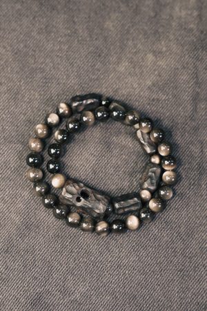Handmade Silver Obsidian Design Bracelet for Men and Women, Vintage Sandalwood Couple Accessories, Versatile Fashion Jewelry