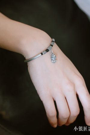 Handmade Silver Woven Bracelet with Pixiu Lucky Elephant Design - Pure Silver Jewelry on Wax Rope for Men and Women