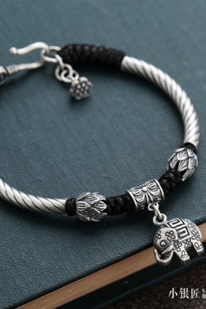 Handmade Silver Woven Bracelet with Pixiu Lucky Elephant Design - Pure Silver Jewelry on Wax Rope for Men and Women