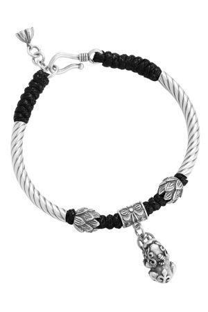 Handmade Silver Woven Bracelet with Pixiu Lucky Elephant Design - Pure Silver Jewelry on Wax Rope for Men and Women