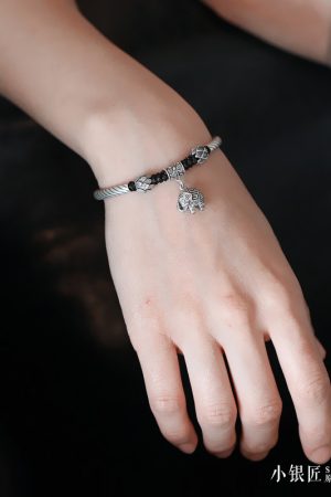 Handmade Silver Woven Bracelet with Pixiu Lucky Elephant Design - Pure Silver Jewelry on Wax Rope for Men and Women