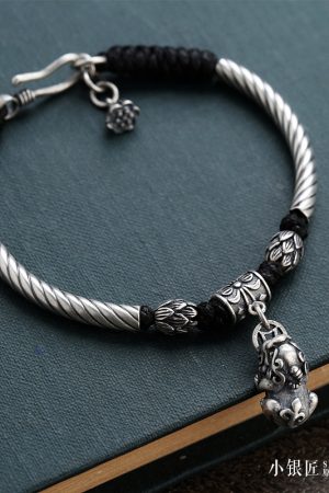 Handmade Silver Woven Bracelet with Pixiu Lucky Elephant Design - Pure Silver Jewelry on Wax Rope for Men and Women