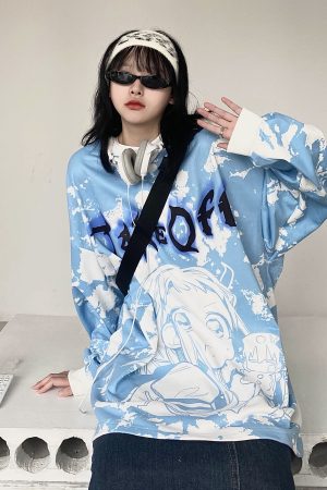 Handmade Tie-Dye Oversized Sweatshirt with Anime Print | Unisex Round Neck | Japanese & Korean Style Fashion