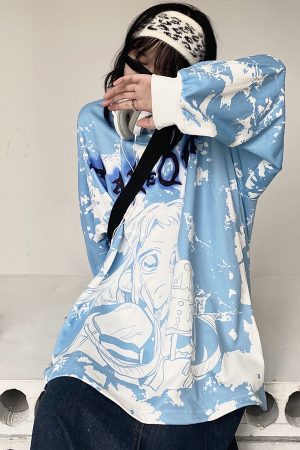 Handmade Tie-Dye Oversized Sweatshirt with Anime Print | Unisex Round Neck | Japanese & Korean Style Fashion