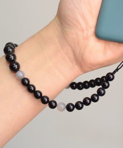 Handmade Unisex Natural Black Gray Agate Phone Chain, Fashionable Woven Pendant, Anti-Lost Accessory for Stylish Convenience
