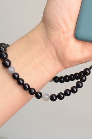 Handmade Unisex Natural Black Gray Agate Phone Chain, Fashionable Woven Pendant, Anti-Lost Accessory for Stylish Convenience