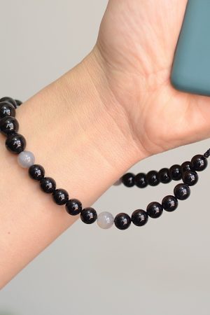 Handmade Unisex Natural Black Gray Agate Phone Chain, Fashionable Woven Pendant, Anti-Lost Accessory for Stylish Convenience