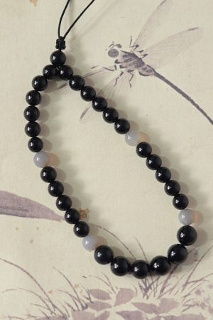 Handmade Unisex Natural Black Gray Agate Phone Chain, Fashionable Woven Pendant, Anti-Lost Accessory for Stylish Convenience