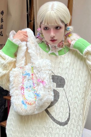 Handmade Vintage Y2K Fur Bag - Small Lamb Underarm Handheld Purse for Autumn Winter - Sweet Cool Girl Accessory