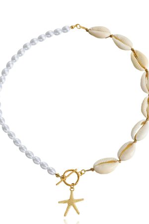 Handmade Woven Shell and Imitation Pearl Starfish Pendant Necklace for Women - European Beach Style Hip-Hop Jewelry