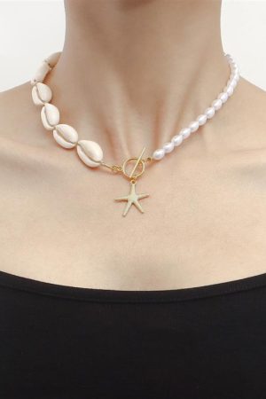 Handmade Woven Shell and Imitation Pearl Starfish Pendant Necklace for Women - European Beach Style Hip-Hop Jewelry