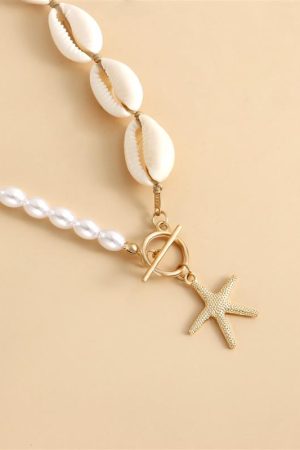 Handmade Woven Shell and Imitation Pearl Starfish Pendant Necklace for Women - European Beach Style Hip-Hop Jewelry