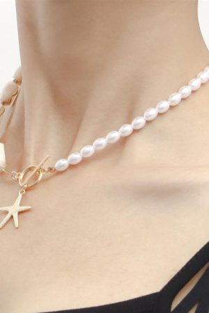 Handmade Woven Shell and Imitation Pearl Starfish Pendant Necklace for Women - European Beach Style Hip-Hop Jewelry