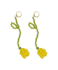 Handmade Yellow Tulip Beaded Earrings, Long Floral Summer Style, Women's Vacation Jewelry Inspired by Yu Shuxin