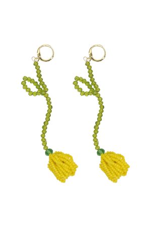 Handmade Yellow Tulip Beaded Earrings, Long Floral Summer Style, Women's Vacation Jewelry Inspired by Yu Shuxin