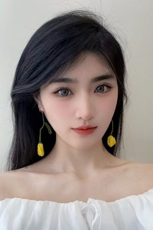Handmade Yellow Tulip Beaded Earrings, Long Floral Summer Style, Women's Vacation Jewelry Inspired by Yu Shuxin