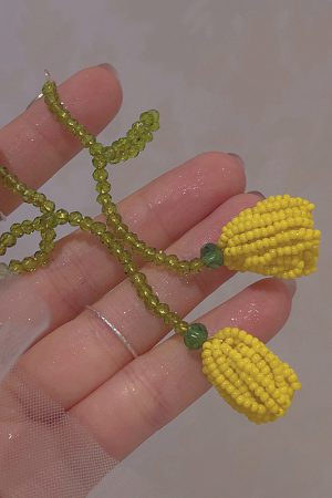 Handmade Yellow Tulip Beaded Earrings, Long Floral Summer Style, Women's Vacation Jewelry Inspired by Yu Shuxin