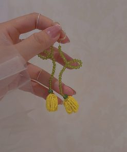 Handmade Yellow Tulip Beaded Earrings, Long Floral Summer Style, Women's Vacation Jewelry Inspired by Yu Shuxin