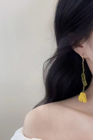 Handmade Yellow Tulip Beaded Earrings, Long Floral Summer Style, Women's Vacation Jewelry Inspired by Yu Shuxin