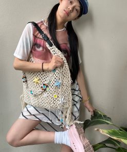 Handwoven Y2K Starfish Beach Bag with Tassels - Large Capacity Shallow Shoulder Crossbody Net Bag for Spring and Summer