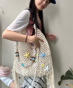 Handwoven Y2K Starfish Beach Bag with Tassels - Large Capacity Shallow Shoulder Crossbody Net Bag for Spring and Summer