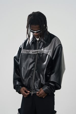 Harsh and Cruel Bungee Metal Climbing Buckle Faux Leather Jacket - Edgy Y2K Style Outerwear for Bold Fashion Statements