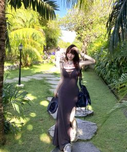 Hawaiian-Style Bodycon Dress for Women, Summer Waist-Cinching Slimming Mermaid Long Dress, Tropical Print, Perfect for Beach Days