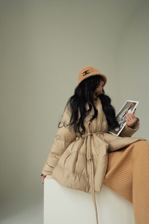 Hazelnut Mocha Airy Down Jacket - Thickened Mid-Length Winter Coat with High-End Design for Stylish Cold Weather Wear