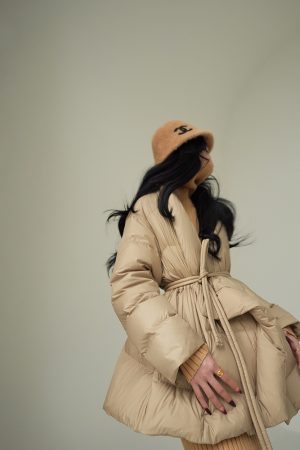 Hazelnut Mocha Airy Down Jacket - Thickened Mid-Length Winter Coat with High-End Design for Stylish Cold Weather Wear