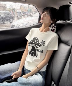 Heart Mushroom Print Short Sleeve T-Shirt for Women - Summer American Vintage Round Neck Slim Fit Top - Y2K Style