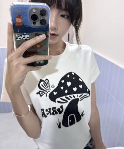 Heart Mushroom Print Short Sleeve T-Shirt for Women - Summer American Vintage Round Neck Slim Fit Top - Y2K Style
