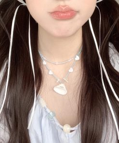 Heart Necklace with Pearl Shell Pendant - Sweet Cool Choker for Young Girls, Vacation Vibe, High Fashion Clavicle Chain Accessory