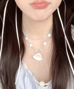 Heart Necklace with Pearl Shell Pendant - Sweet Cool Choker for Young Girls, Vacation Vibe, High Fashion Clavicle Chain Accessory