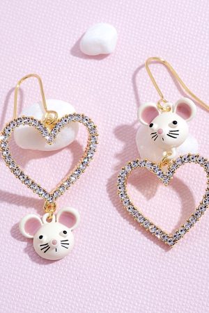 Heart-Shaped Asymmetrical Stud Earrings for Women - Irregular Mouse Ear Design, Diamond-Encrusted, Sparkly Pure Silver Jewelry
